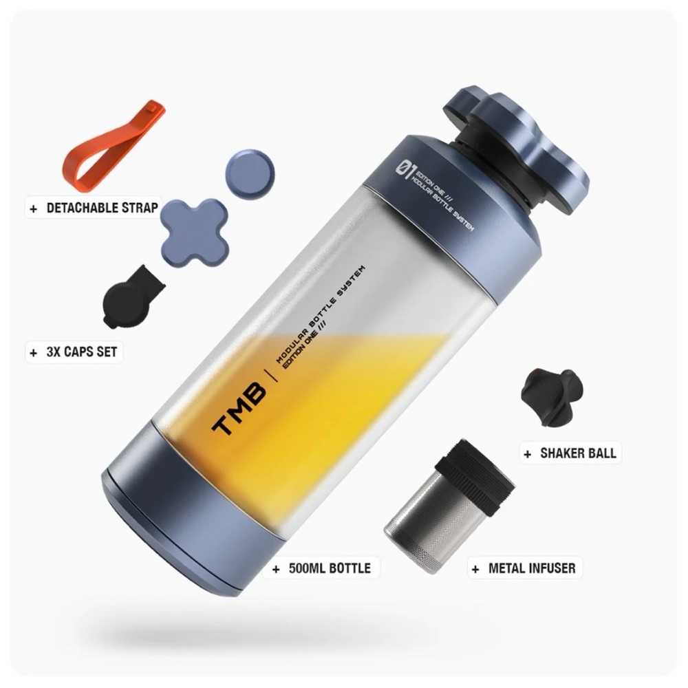 TMB Blue and Silver Water Bottle with Accessories